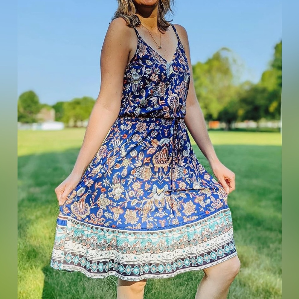 🌸 Boho Floral Midi Sundress with Pockets